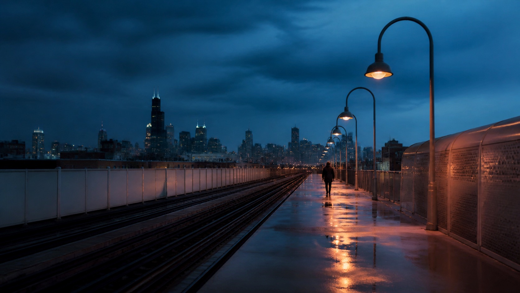 A rain-lit train platform at blue hour